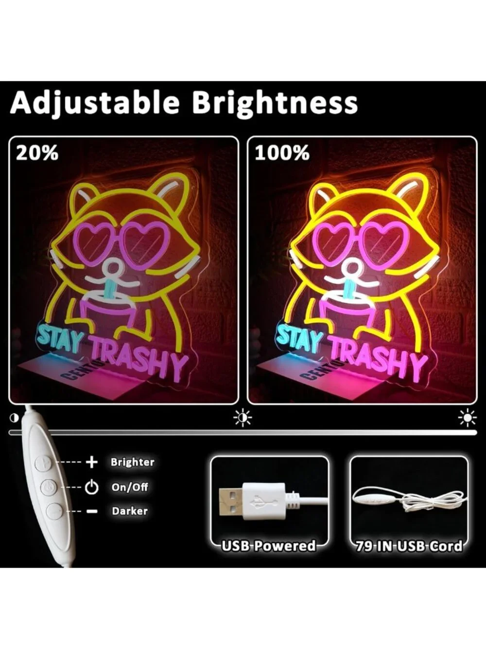 Cute Neon Raccoon Sign - Dimmable LED Wall Decor for Bedroom, Game Room